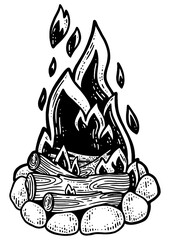 Bonfire sketch engraving PNG illustration. T-shirt apparel print design. Scratch board imitation. Black and white hand drawn image.