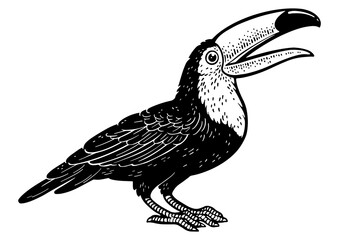 Toucan bird line art sketch engraving PNG illustration. T-shirt apparel print design. Scratch board imitation. Black and white hand drawn image.
