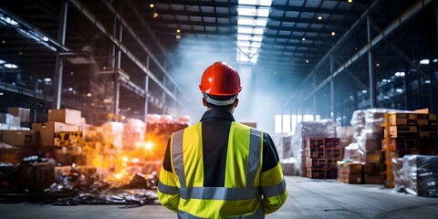 Port facility investigating cargo explosion and enforcing safety protocols in hazardous warehouse. Concept Cargo Explosion Investigation, Safety Protocols Enforcement, Hazardous Warehouse Inspection