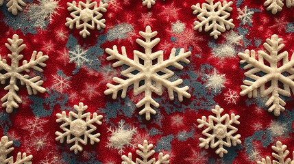 A festive array of white snowflakes dances across a vibrant red and blue fabric, evoking the joyous spirit of winter.