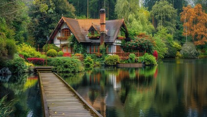 Obraz premium A house with a wooden dock and a pond in front of it. Generate AI image