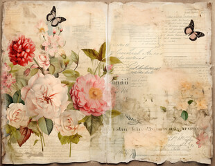Vintage background with flowers. Shabby chic paper for junk journal. Scrapbooking floral paper. Generative AI.