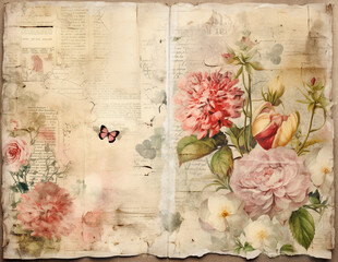 Vintage background with flowers. Shabby chic paper for junk journal. Scrapbooking floral paper. Generative AI.