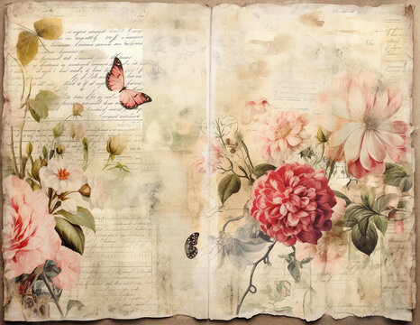 Vintage background with flowers. Shabby chic paper for junk journal. Scrapbooking floral paper. Generative AI.