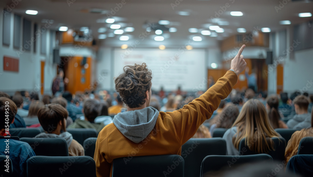 Poster a student raises his hand in a packed lecture hall, eager to ask a question or participate in the di