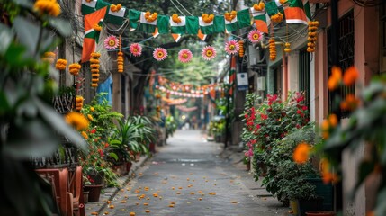 Fototapeta premium Street with Indian flags, garlands, and other festive elements celebrating Independence Day of India, Republic Day