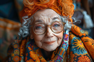 Close portrait of woman with curled gray hair and glasses, wearing colorful clothes.