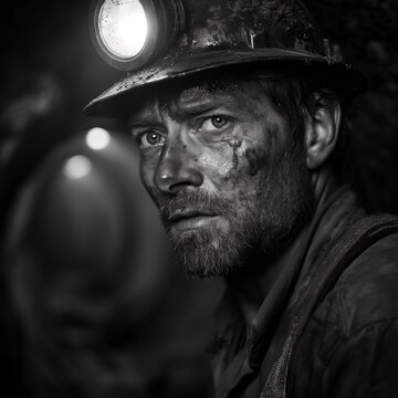 A rugged miner with a hardened gaze and a face marked by coal dust stands as a testament to the grueling reality of underground labor.