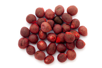 Close-up of Dried Organic Lady Finger (Abelmoschus esculentus) seeds, isolated on a white background. Top view.