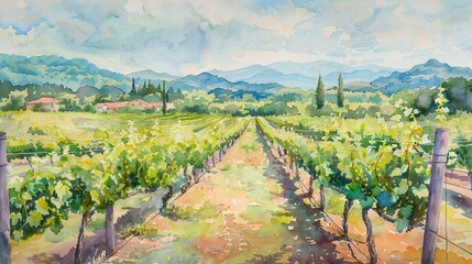 Naklejka premium Watercolor vineyard at summers peak