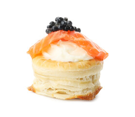 Delicious puff pastry with cream cheese, salmon and black caviar isolated on white
