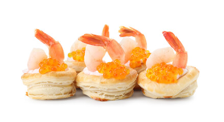 Delicious puff pastry with shrimps, cream cheese and red caviar isolated on white