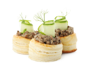 Delicious puff pastry with mushrooms, cucumber and dill isolated on white