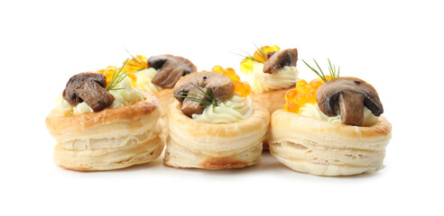 Delicious puff pastry with cream cheese, red caviar, mushrooms and dill isolated on white