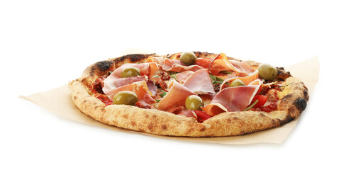 Tasty pizza with cured ham, olives and sun-dried tomato isolated on white