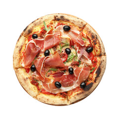 Tasty pizza with cured ham, olives and tomato isolated on white, top view