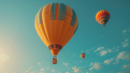 A vibrant hot air balloon festival with colorful balloons gracefully floating against a clear blue sky.