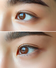 Fototapeta premium Collage of two photographs of a woman's eyes before and after permanent eyeliner makeup. Concept of beauty and cosmetic procedures. Design for beauty magazine, poster, or banner.