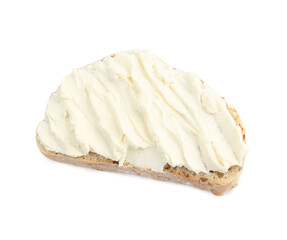 Piece of bread with cream cheese isolated on white, top view