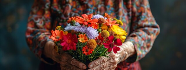  A person tightly clutches flowers in a close-up, surrounded by a blue wall background