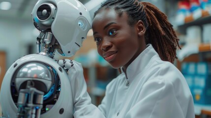 Fototapeta premium An African American female engineer in a lab coat joyfully interacts with a humanoid robot in a laboratory.