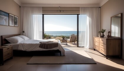 Quiet master bedroom with stunning ocean and beach views. Generative AI, Generative, AI
