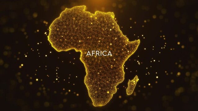 Digital Space Golden Yellow Shiny Blurry Focus Wavy Glitter Sparkle Dust Particles of Africa Map and Text Motion Reveal with Light Flare