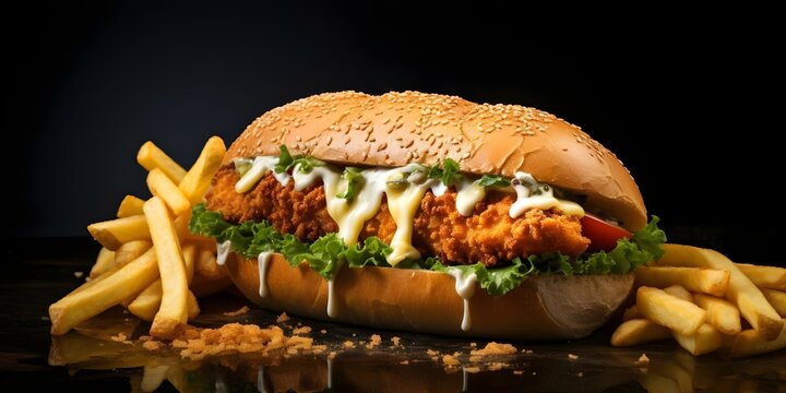 Chicken sandwich with melted cheese veggies fries on submarine roll. Concept Chicken sandwich with melted cheese, veggies, fries, on a submarine roll