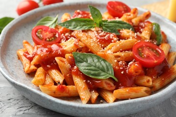 Delicious pasta with tomato sauce, basil and cheese on gray textured table, closeup