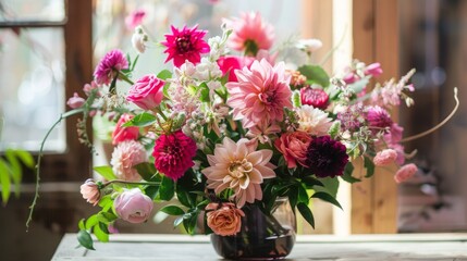 A bouquet of pink and red flowers in a glass vase sits on a table by a window. The flowers include dahlias, roses, and carnations.