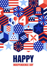 Fototapeta premium USA Independence Day poster, banner, greeting card design template. 4th of July hexagon color block vertical white background. Vector flat holiday illustration with American flag symbols