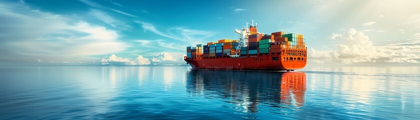 Fototapeta premium Red cargo ship loaded with colorful containers sailing on calm blue waters, representing global maritime trade 8K , high-resolution, ultra HD,up32K HD