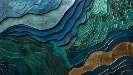 An intricate abstract topographic art piece featuring layered textures in shades of blue, green, and gold, creating a visually captivating and stylish design.
