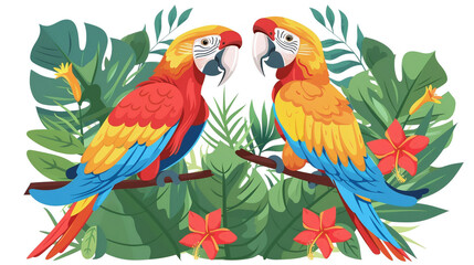 Obraz premium cartoon of two parrots on a branch isolated against white background