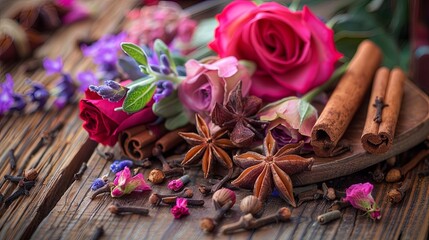 A fragrant arrangement of spices and fresh flowers, including cinnamon, star anise, cloves, lavender, and rose petals, displayed on a rustic wooden surface. Generative AI