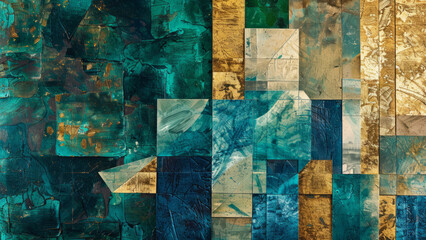 An intricate abstract topographic art piece featuring layered textures in shades of blue, green, and gold, creating a visually captivating and stylish design.
