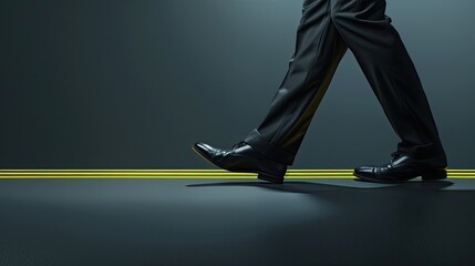 a man with black shoes walking rightward on a yellow line, dressed in suit pants and a tie.