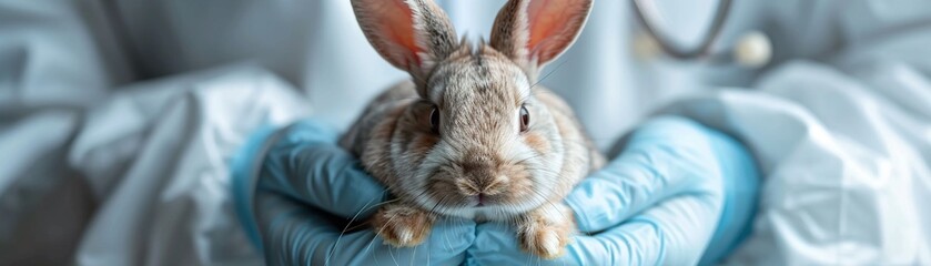 Closeup of a rabbit being held by a medical professional, symbolizing the use of animals in lab settings for scientific studies and experiments 8K , high-resolution, ultra HD,up32K HD