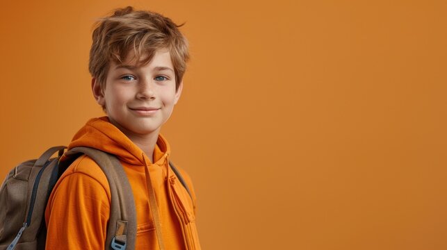 Caucasian teenage boy with a backpack, smiling in front of an orange background.Back to school orange background with caucasian young schoolboy and copy space