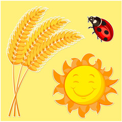 Sticker sun wheat and ladybug on a yellow background