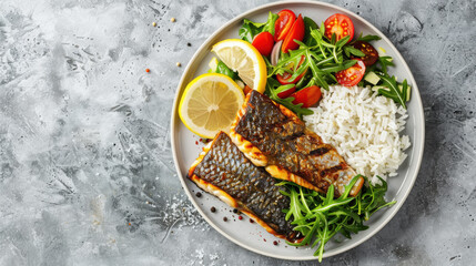 A beautifully arranged plate featuring fresh fish, a vibrant salad, and fluffy rice, meticulously following the Harvard plate principle, showcasing balanced portions and vibrant colors