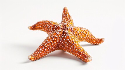 A five-pointed starfish, with its rough, textured surface and vibrant orange color, sits on a stark white background. The image captures the animal's unique shape and fascinating adaptations for life
