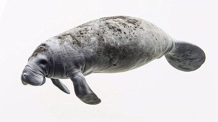 Obraz premium A gentle manatee, with its large, round body and paddle-like tail, swims gracefully through a pristine white background. The image captures the animal's calm demeanor and unique adaptations for life
