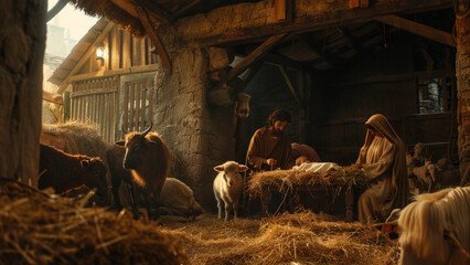 A nativity scene set in a rustic stable, featuring the Holy Family with baby Jesus in the manger,...