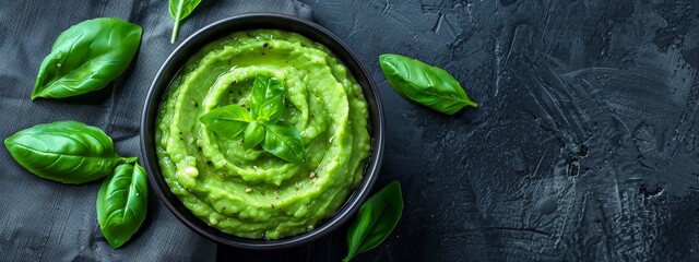 Obraz premium A bowl of guacamole, garnished with basil leaves, on a black surface Included are a spoon and a napkin