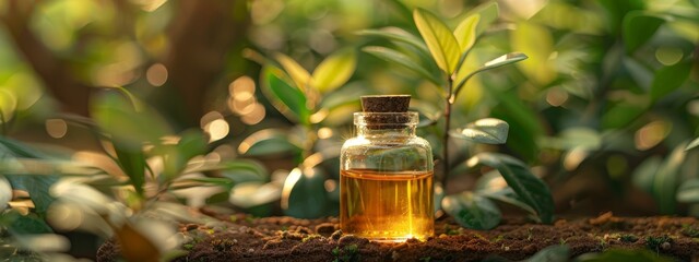  A bottle of oil sits atop a dirt patch, before a forest of verdant, leafy trees