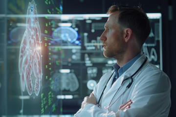 Professional doctor wearing a lab coat and stethoscope looks at images on a virtual screen with a hologram and a human brain close up. Leading technologies in medicine
