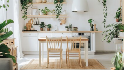 A kitchen with a table and two chairs, a white oven, and a white refrigerator