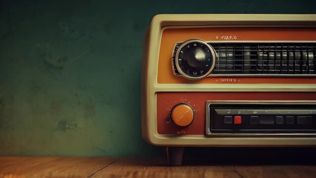 A vintage radio with a wood and cream exterior, set against a faded green wall. The classic design and warm tones evoke the nostalgic charm of the 1960s, Copy space on the left