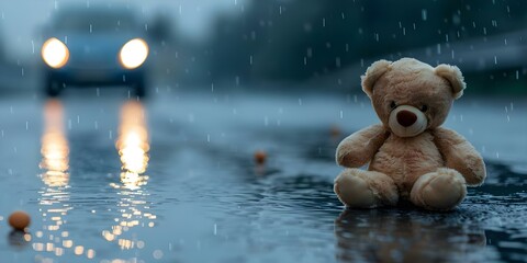 Wet road with plush bear car headlights symbolizing danger and insurance. Concept Car Insurance, Safety Precautions, Road Hazards, Plush Bear Car, Wet Conditions